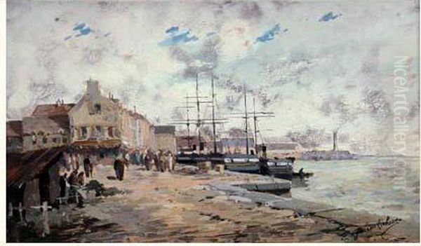  Scene De Port En Normandie  Oil Painting by Eugene Galien-Laloue