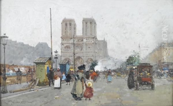 Promenade Sur Les Quais Devant Notre Dame Oil Painting by Eugene Galien-Laloue