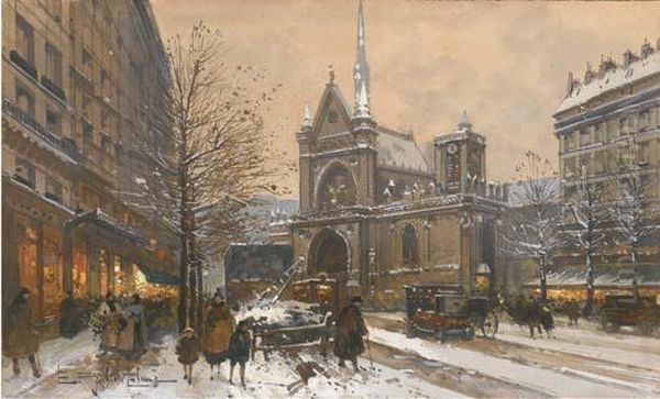 L'eglise Saint-laurent Sur Le Boulevard Magenta Oil Painting by Eugene Galien-Laloue