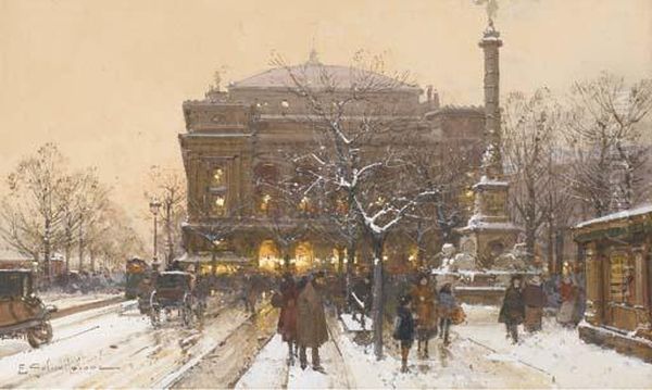 La Place Du Chatelet, Paris Oil Painting by Eugene Galien-Laloue