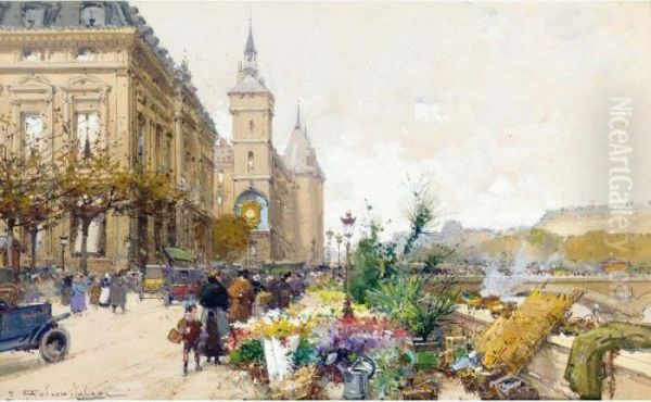 Le Marche Aux Fleurs Pres De La Conciergerie Oil Painting by Eugene Galien-Laloue