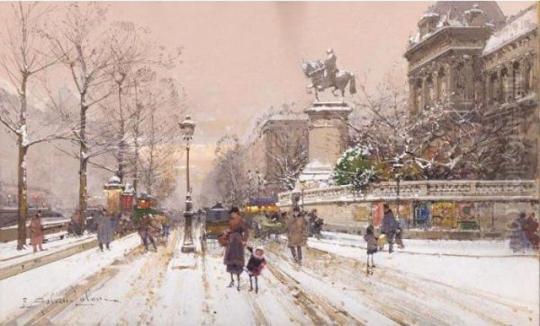 Les Quais Et La Statue Saint Marcel Oil Painting by Eugene Galien-Laloue