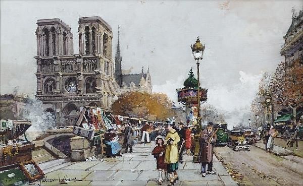 Notre-dame, Vue Du Quai Saint-michel Oil Painting by Eugene Galien-Laloue