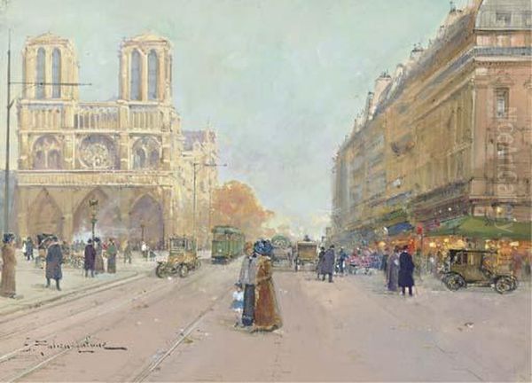 Walking By Notre Dame, Paris Oil Painting by Eugene Galien-Laloue