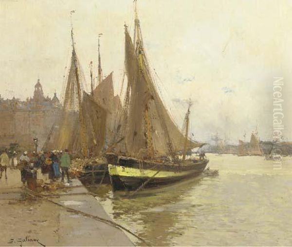 A Bustling Quayside, France Oil Painting by Eugene Galien-Laloue