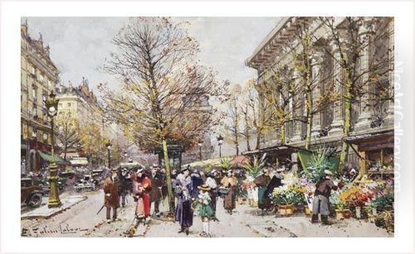 Paris, Le Marche Aux Fleurs Place De La Madeleine Oil Painting by Eugene Galien-Laloue