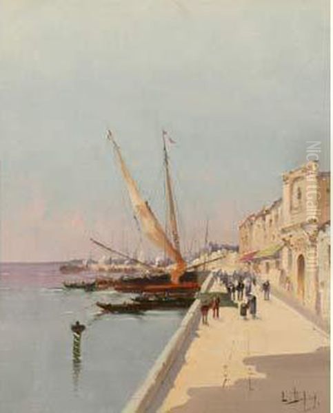 Bateaux A Quai Oil Painting by Eugene Galien-Laloue