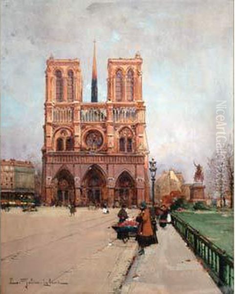 Ecole Francaise - Devant Notre Dame Oil Painting by Eugene Galien-Laloue