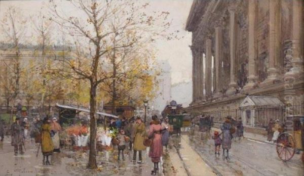 Marche Aux Fleurs A La Madeleine Oil Painting by Eugene Galien-Laloue