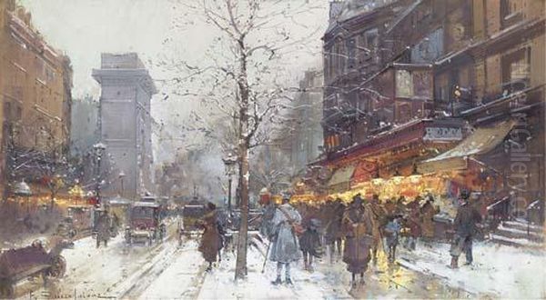 Boulevard St Denis In The Snow Oil Painting by Eugene Galien-Laloue