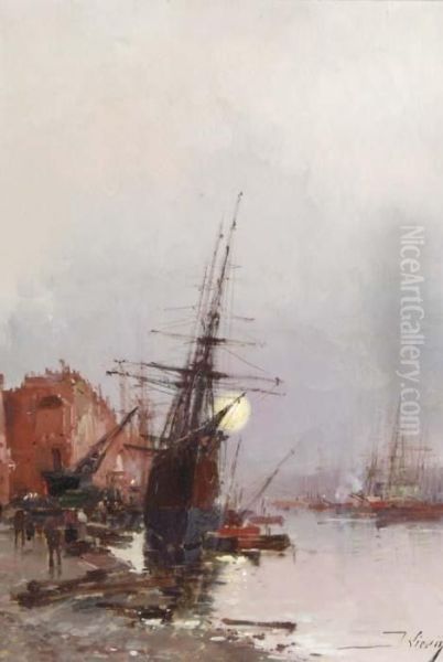 Moonlit Harbor Oil Painting by Eugene Galien-Laloue