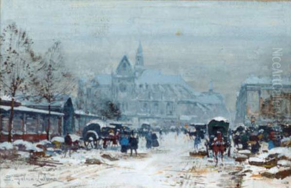 Ecole Francaise
 ?les Halles Aux Fleurs? Oil Painting by Eugene Galien-Laloue