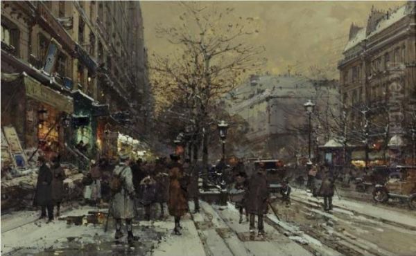 Le Boulevard Bonne Nouvelle At Winter Oil Painting by Eugene Galien-Laloue