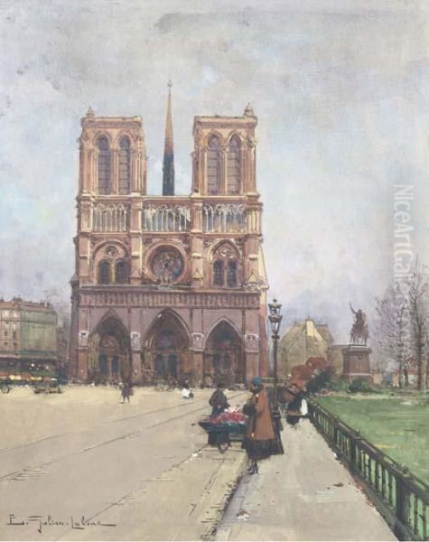 The Flower Lady At Notre-dame, Paris Oil Painting by Eugene Galien-Laloue