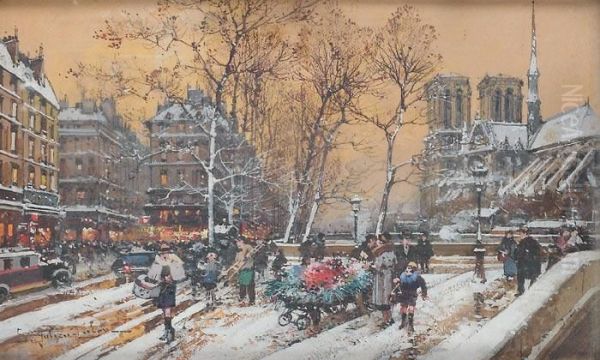 Le Quai De Montebello Oil Painting by Eugene Galien-Laloue