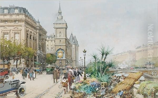 Flower Market On The Seine Oil Painting by Eugene Galien-Laloue