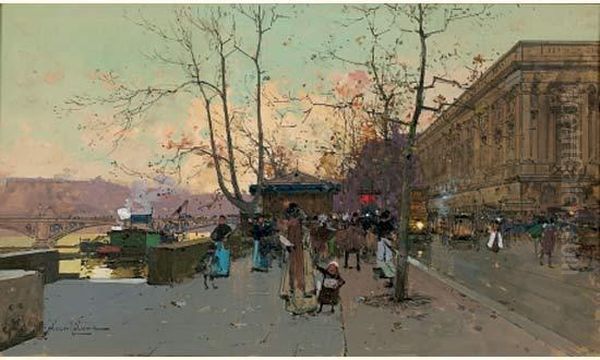 Les Quais A Paris Oil Painting by Eugene Galien-Laloue