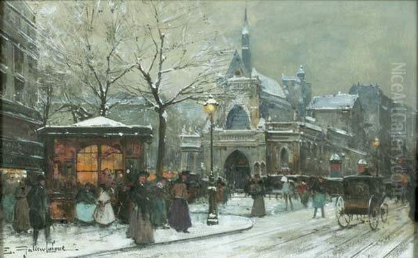 Paris, Eglise Saint-laurent, Boulevard Magenta Oil Painting by Eugene Galien-Laloue