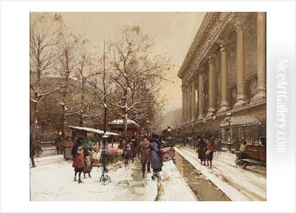 Paris, Neige Sur Le Marche Aux Fleurs Place De La Madeleine Oil Painting by Eugene Galien-Laloue