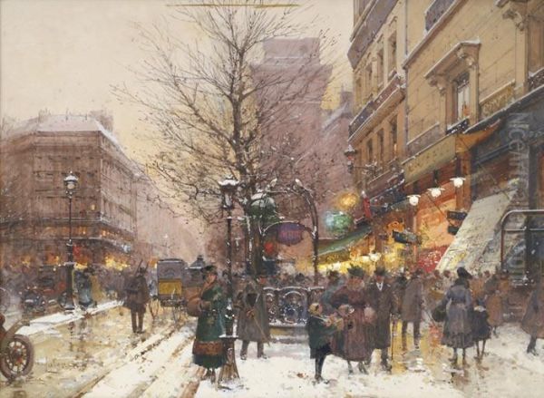 Les Grands Boulevards A Paris Oil Painting by Eugene Galien-Laloue