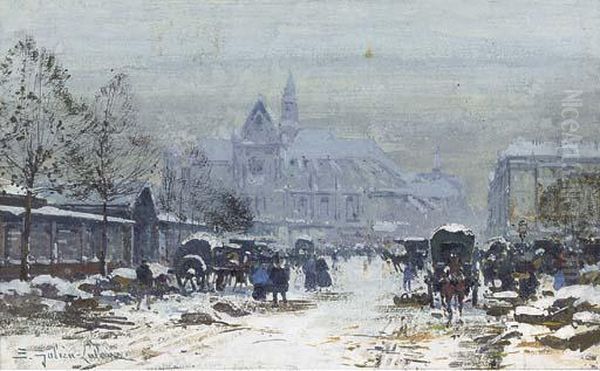 Les Halles Aux Fleurs, Paris Oil Painting by Eugene Galien-Laloue