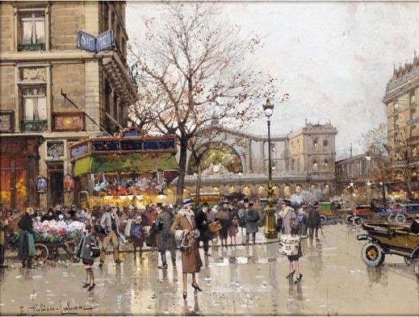 La Gare De L'est Oil Painting by Eugene Galien-Laloue