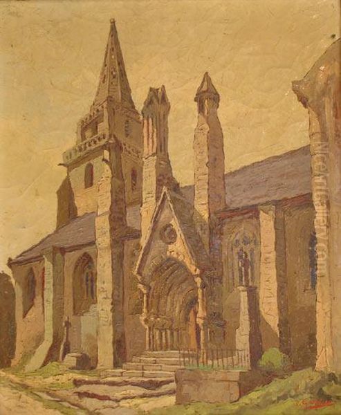 Portail De L'eglise A Brelevenez Oil Painting by Eugene Galien-Laloue