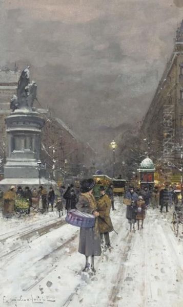 Paris In The Snow Oil Painting by Eugene Galien-Laloue