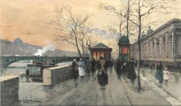 Le Louvre Et La Passerelle Des Arts Oil Painting by Eugene Galien-Laloue