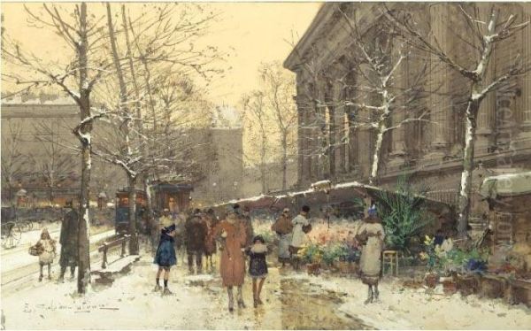 Marche Aux Fleurs A La Madeleine En Hiver Oil Painting by Eugene Galien-Laloue