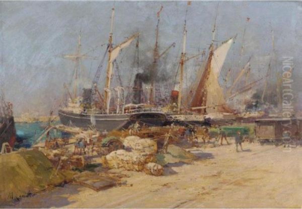 Port De Marseilles Oil Painting by Eugene Galien-Laloue