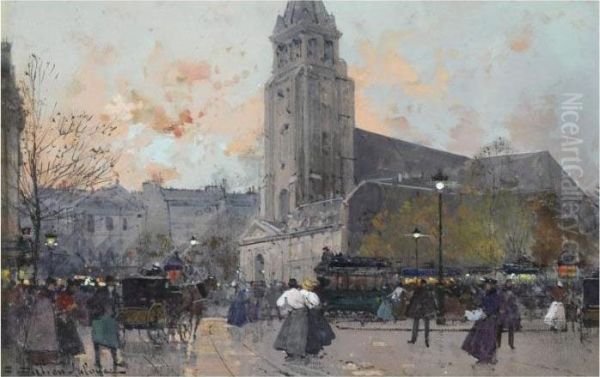 St. Germain-des-pres Oil Painting by Eugene Galien-Laloue