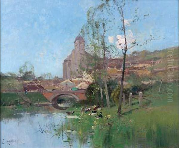 Village En Ete Oil Painting by Eugene Galien-Laloue