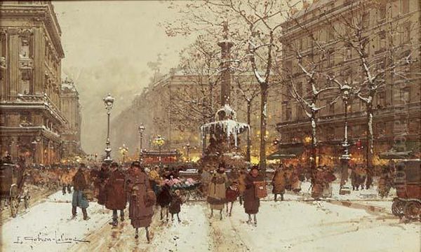 Paris, Un Soir D'hiver Oil Painting by Eugene Galien-Laloue