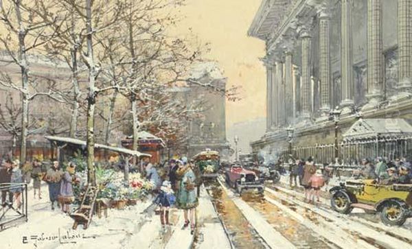 Flower Market By The Madeleine, Paris Oil Painting by Eugene Galien-Laloue