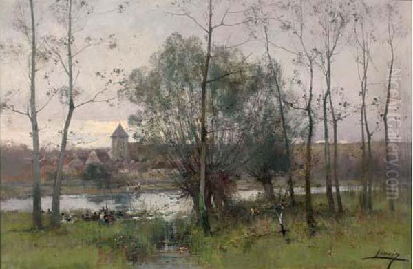 Canards Au Bord De L'eau Oil Painting by Eugene Galien-Laloue