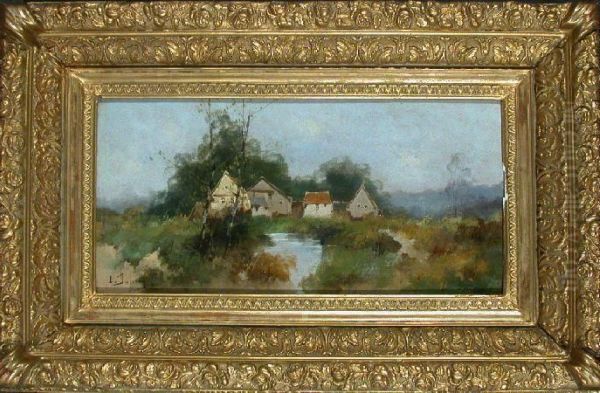 Country Cottages By A Stream Oil Painting by Eugene Galien-Laloue