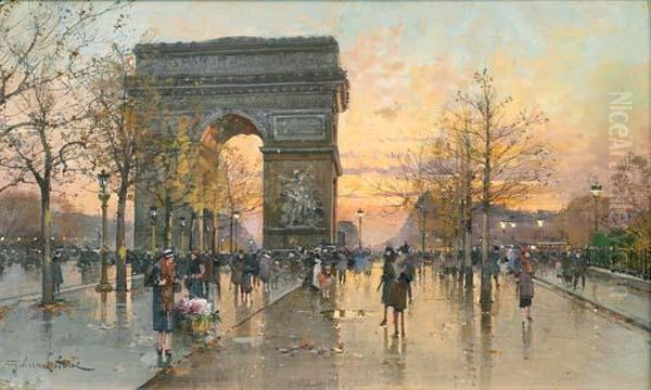 L'arc De Trionphe A Paris Oil Painting by Eugene Galien-Laloue