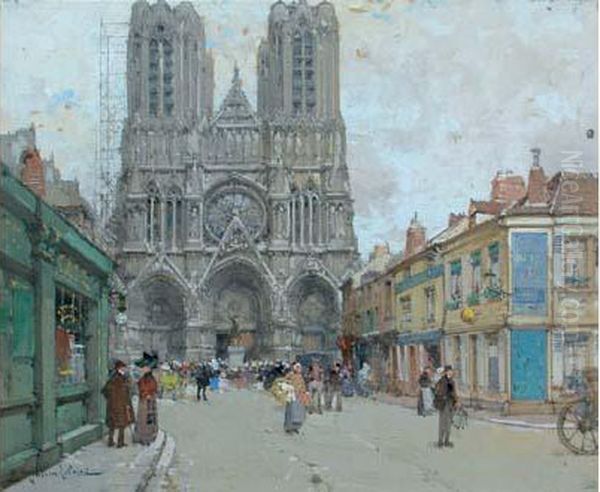 Rue Animee Devant La Cathedrale Oil Painting by Eugene Galien-Laloue