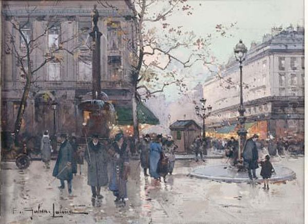 La Place Du Theatre Francais Et L'entree De L'avenue De L'opera Oil Painting by Eugene Galien-Laloue