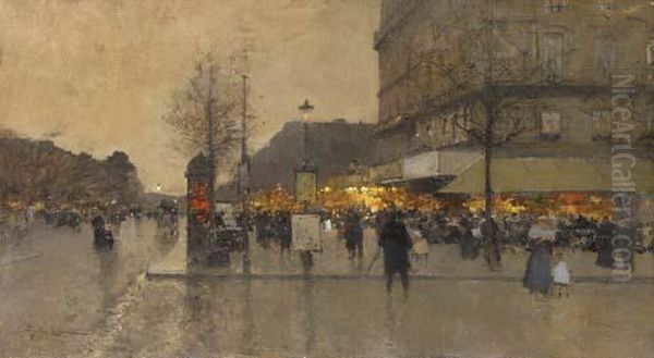 Les Grands Boulevards De Paris, Crepuscule Oil Painting by Eugene Galien-Laloue