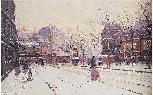 Les Grands Boulevards Sous La Neige Oil Painting by Eugene Galien-Laloue