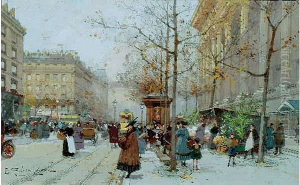 Les Elegeantes Au Marche Aux Fleurs,place De La Madeleine Oil Painting by Eugene Galien-Laloue