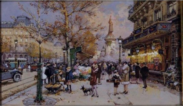 Paris, Place De La Republique, The Flower Market Oil Painting by Eugene Galien-Laloue