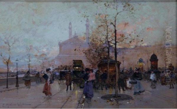 L'ancien Trocadero Et La Place De La Bastille: A Pair Oil Painting by Eugene Galien-Laloue