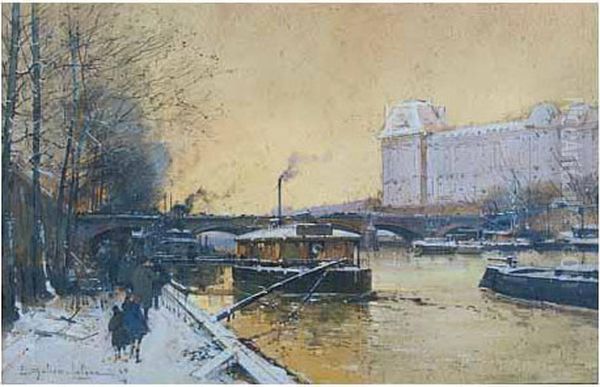 Le Pont Royal Et Le Louvre Oil Painting by Eugene Galien-Laloue