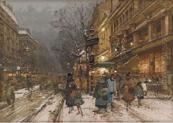 A Parisian Street Scene Oil Painting by Eugene Galien-Laloue