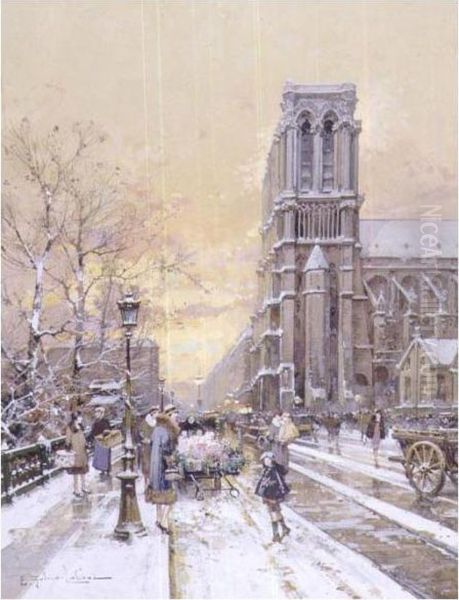 A View Of Notre Dame On A Snowy Day Oil Painting by Eugene Galien-Laloue