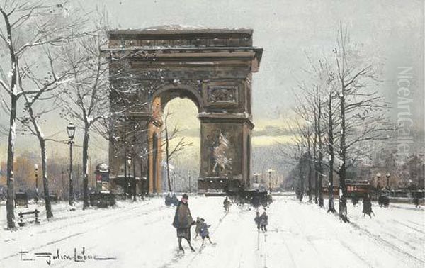 L'arc De Triomphe Sous La Neige Oil Painting by Eugene Galien-Laloue