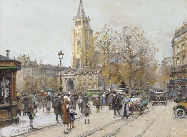 A Busy Paris Street With The Church Of St. Michael Beyond Oil Painting by Eugene Galien-Laloue